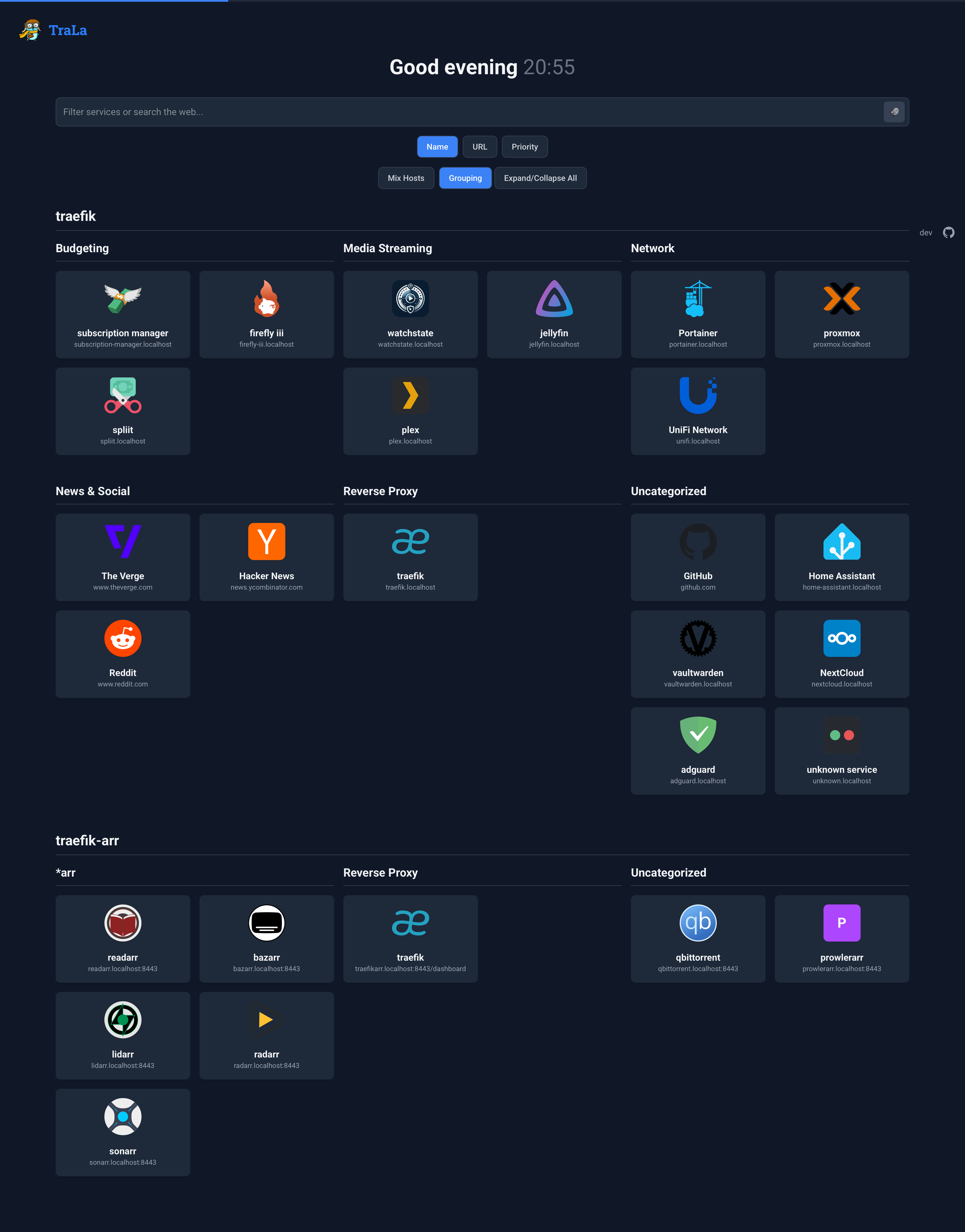 TraLa dashboard in dark mode with a responsive grid of services, from the upstream project