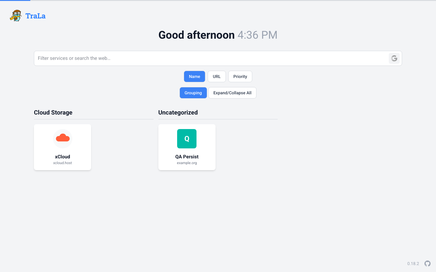 TraLa dashboard on xCloud showing a grid of service links