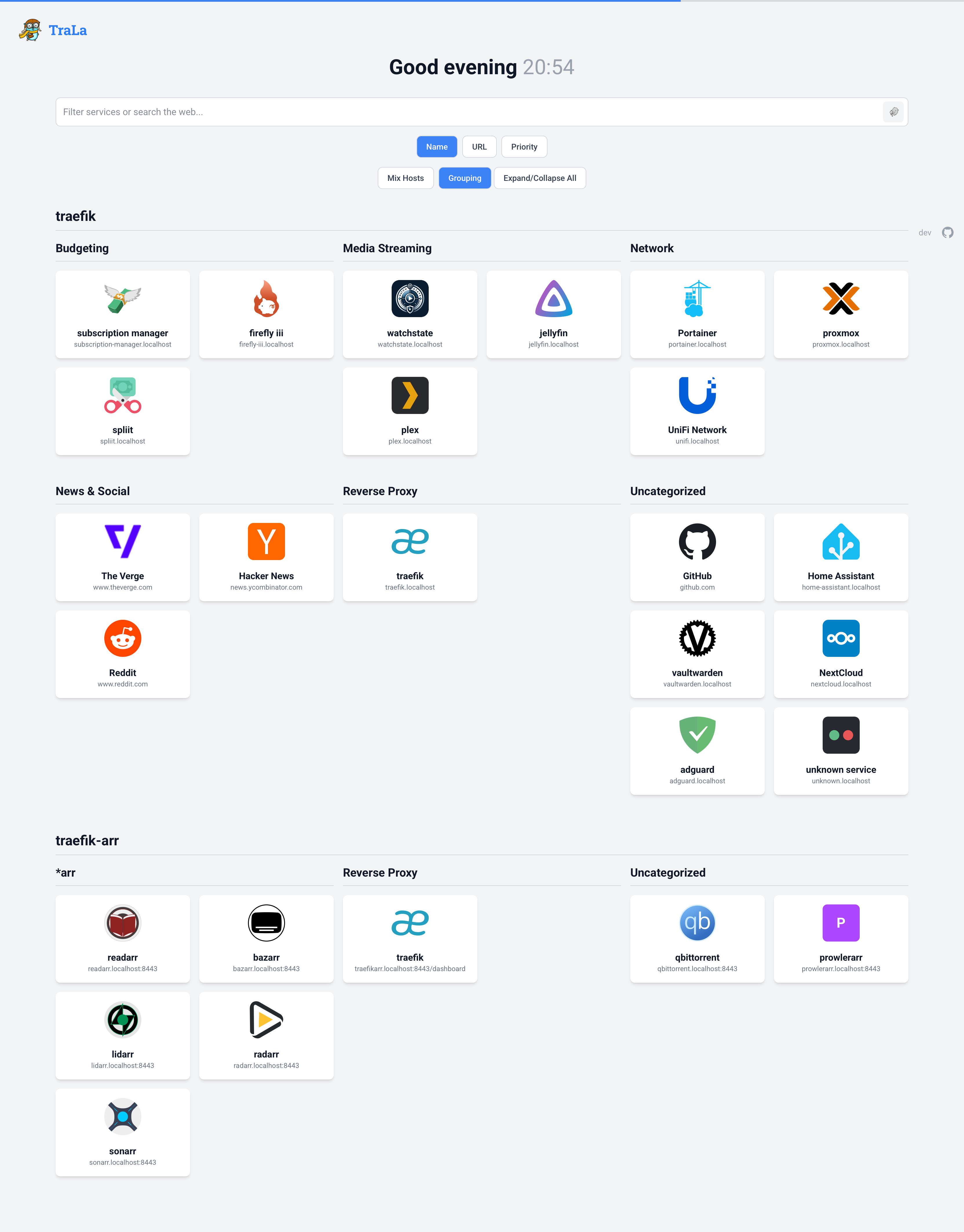 TraLa dashboard in light mode with a grid of services, from the upstream project