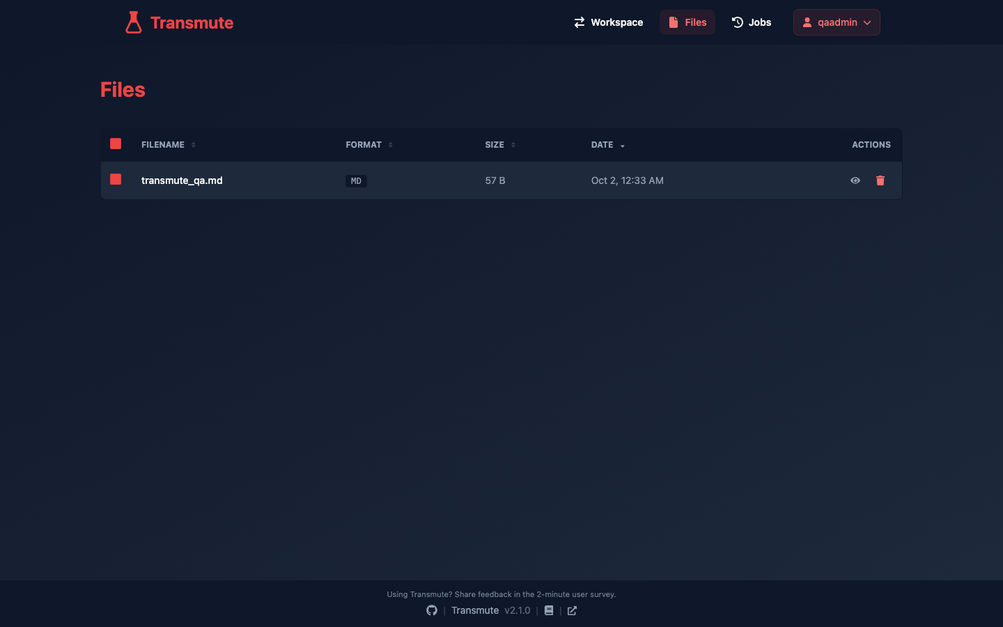 Transmute files view listing uploaded files