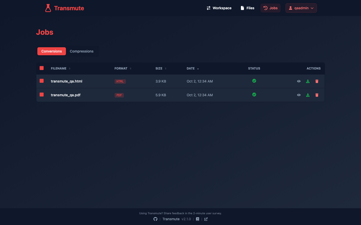 Transmute jobs view listing previously converted files