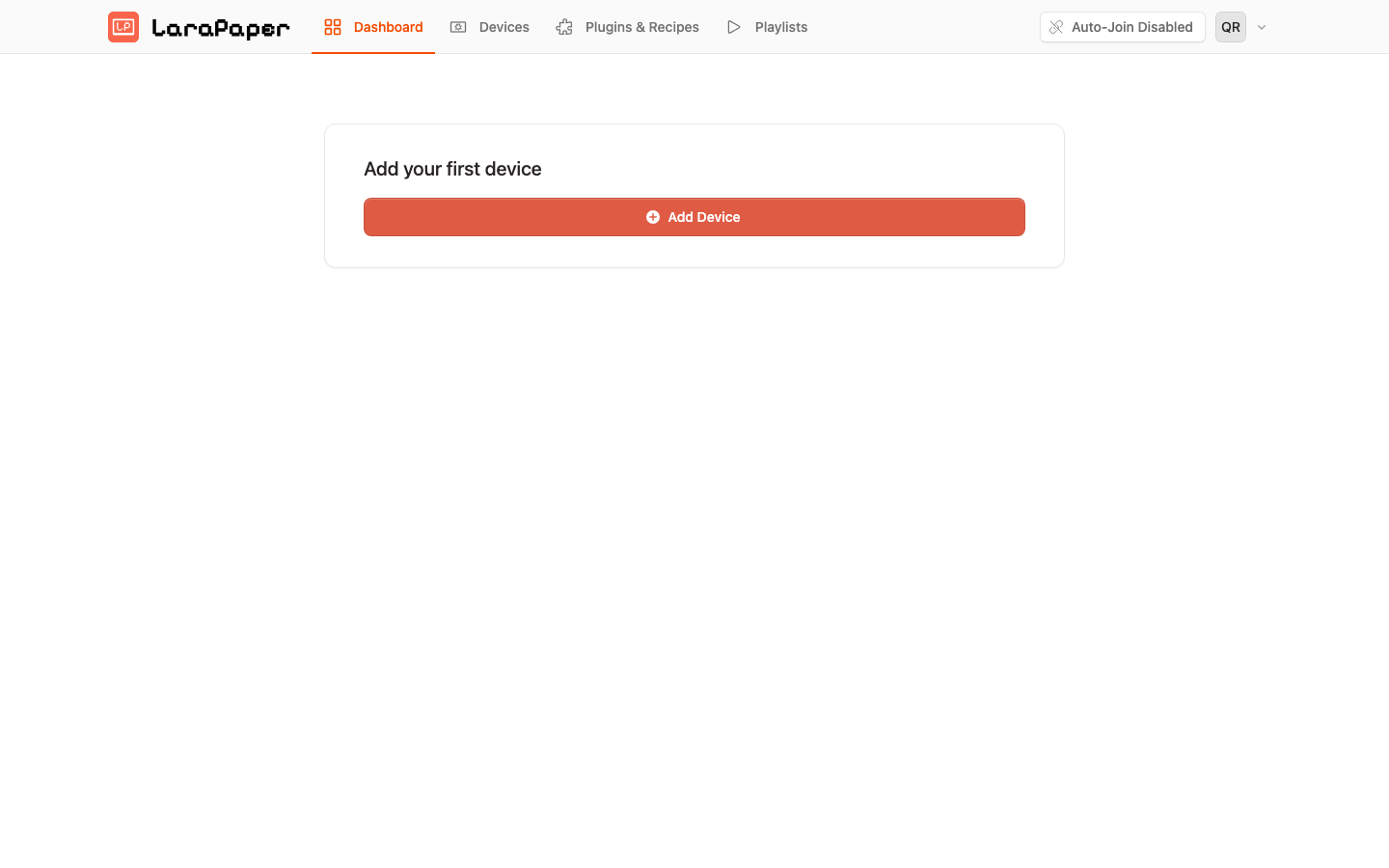 TRMNL LaraPaper dashboard with the Devices, Plugins & Recipes and Playlists menu and an Add Device button