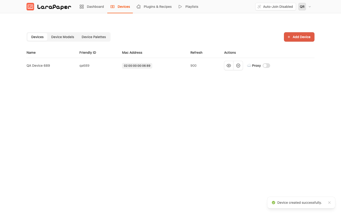 TRMNL LaraPaper Devices page listing a device with its friendly ID, MAC address, refresh rate and proxy toggle