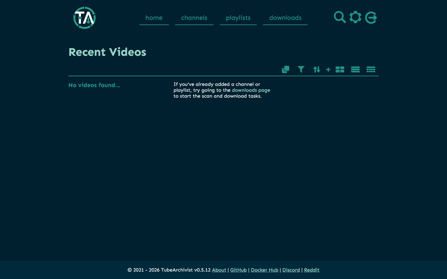 Tube Archivist Recent Videos page with home, channels, playlists and downloads navigation after signing in on a self-hosted install
