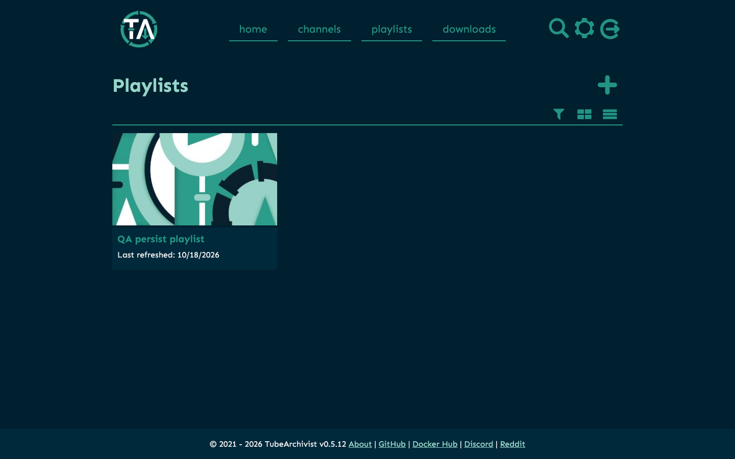 Tube Archivist Playlists page showing a custom playlist created from the web interface