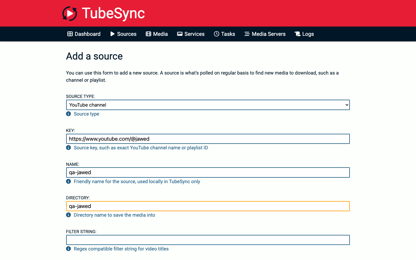 TubeSync add source form with resolution and schedule options