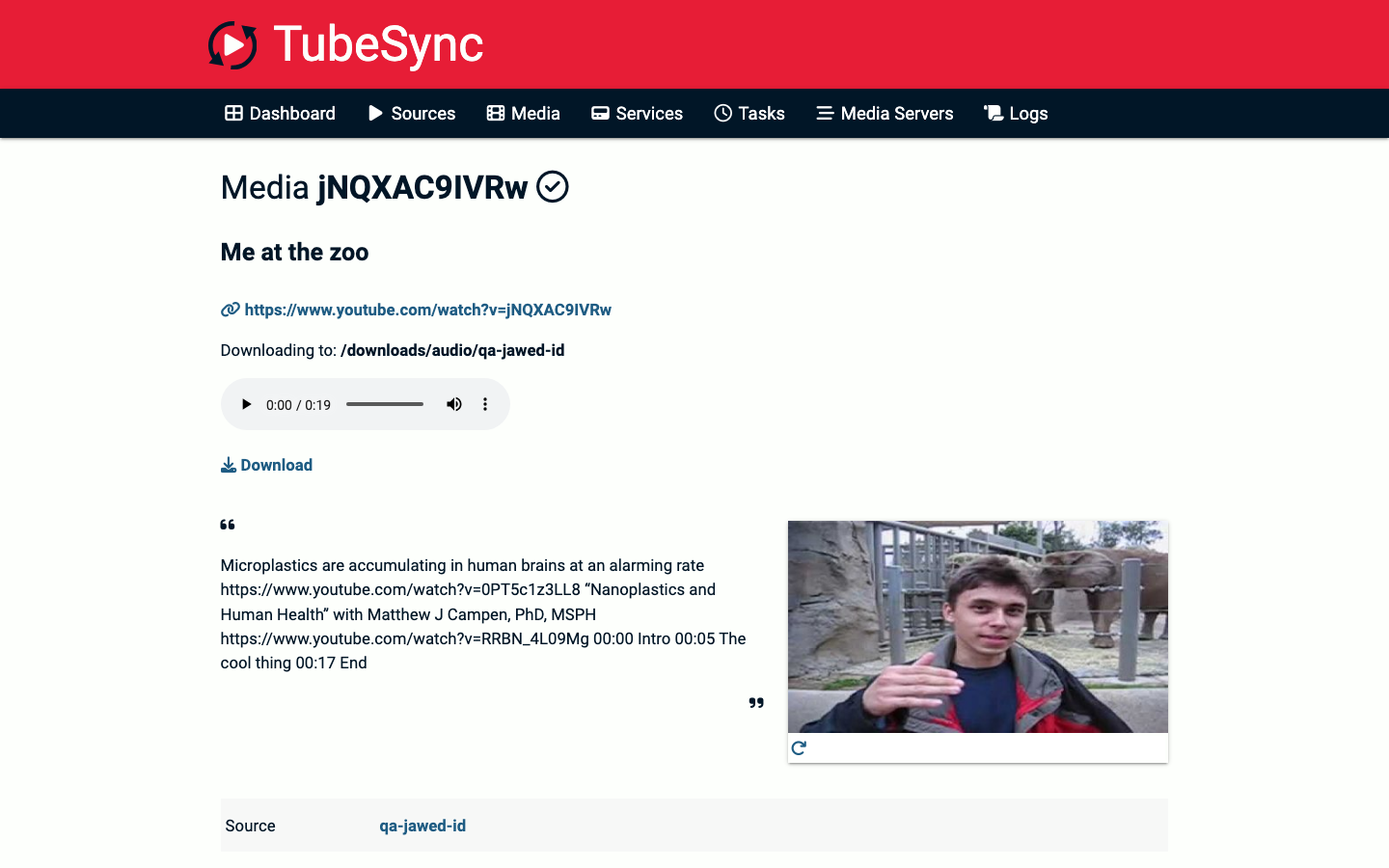 TubeSync media page listing downloaded videos