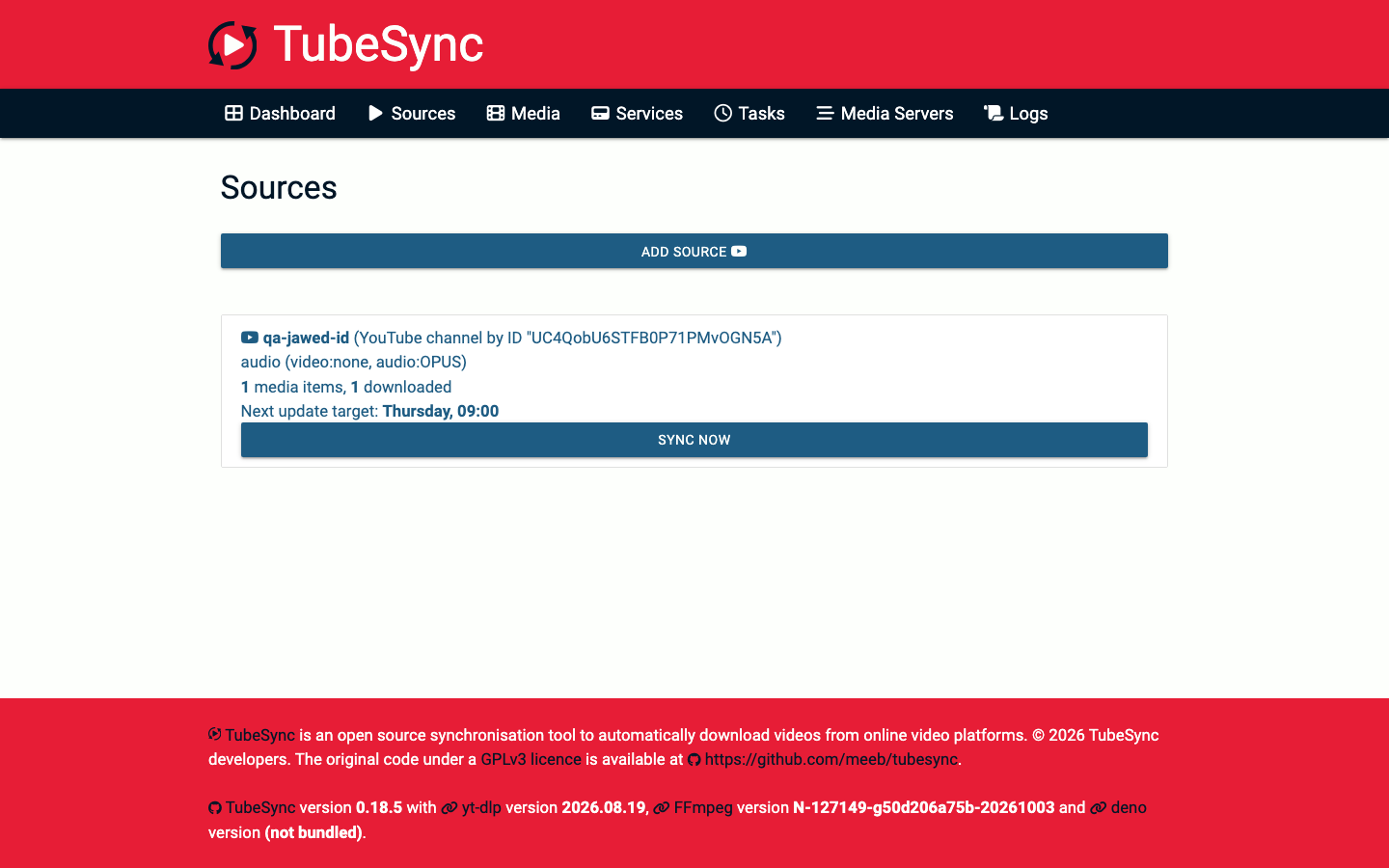 TubeSync sources page listing subscribed YouTube channels
