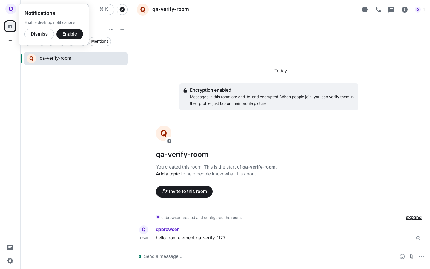 A first room created in Element Web