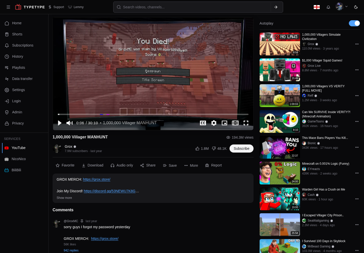 TypeType web app playing a YouTube video