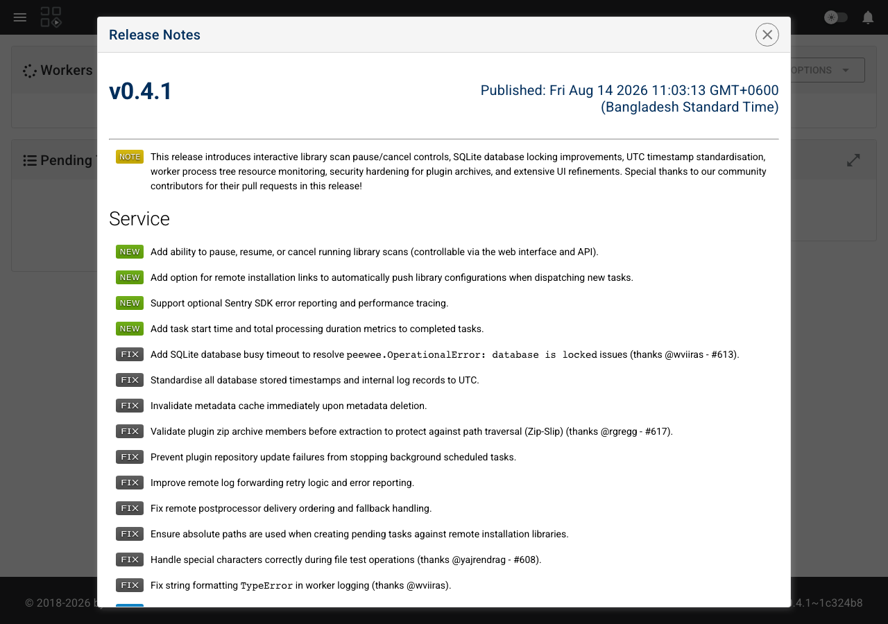 Unmanic dashboard showing the library scan controls and worker status