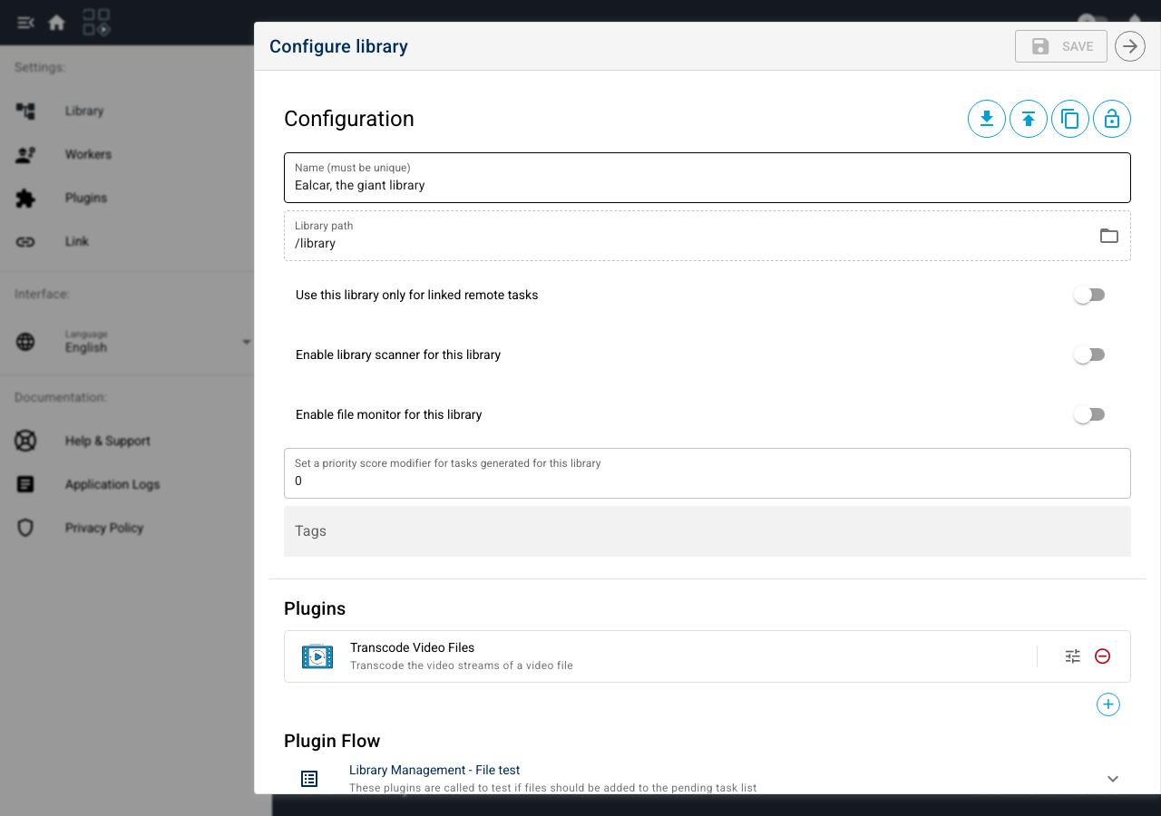 Unmanic library settings dialog with the library scanner option