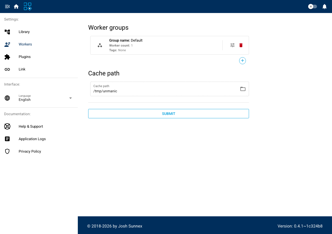 Unmanic Settings, Workers page with a saved worker group