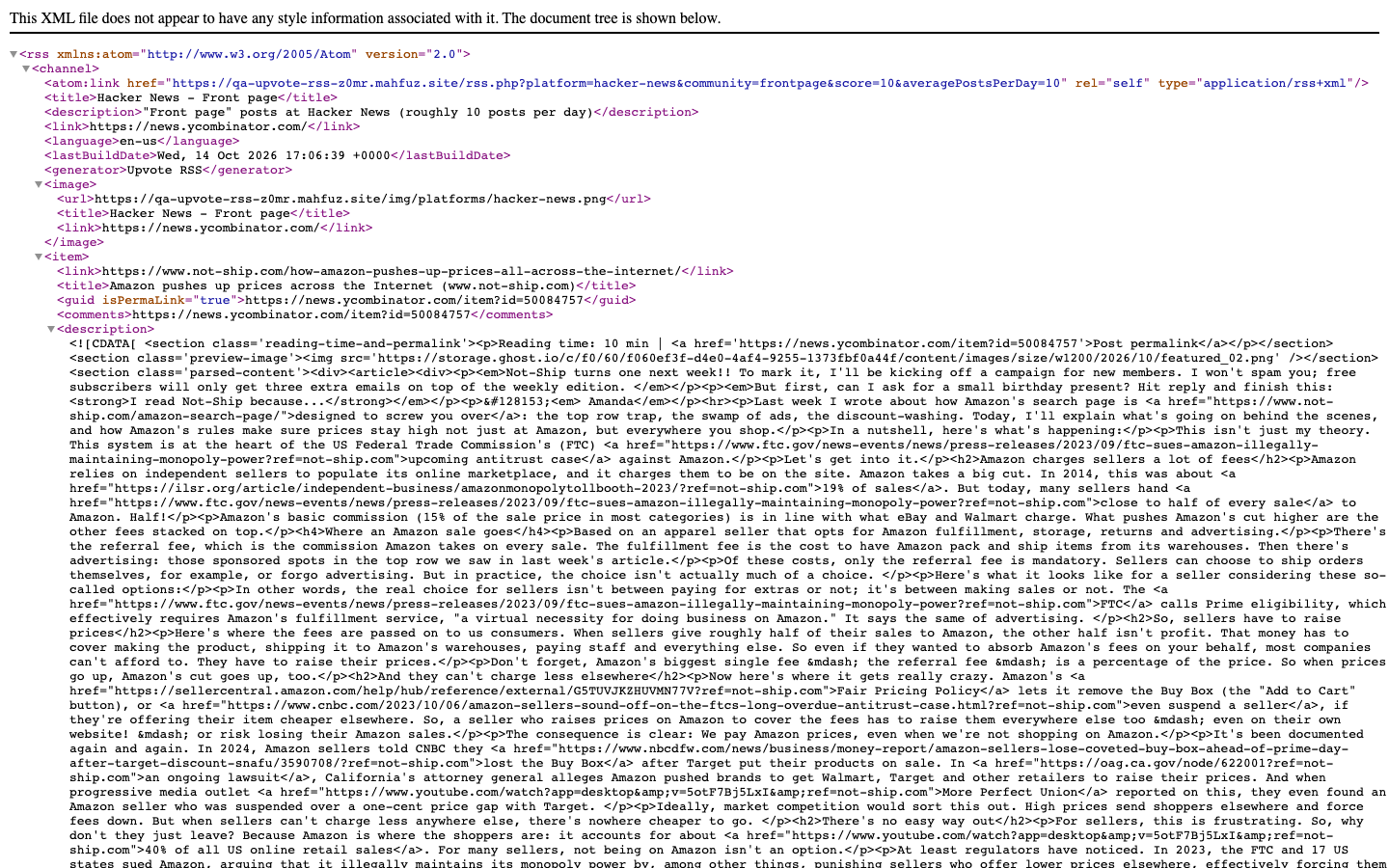 A generated Upvote RSS feed preview listing the filtered posts with their scores