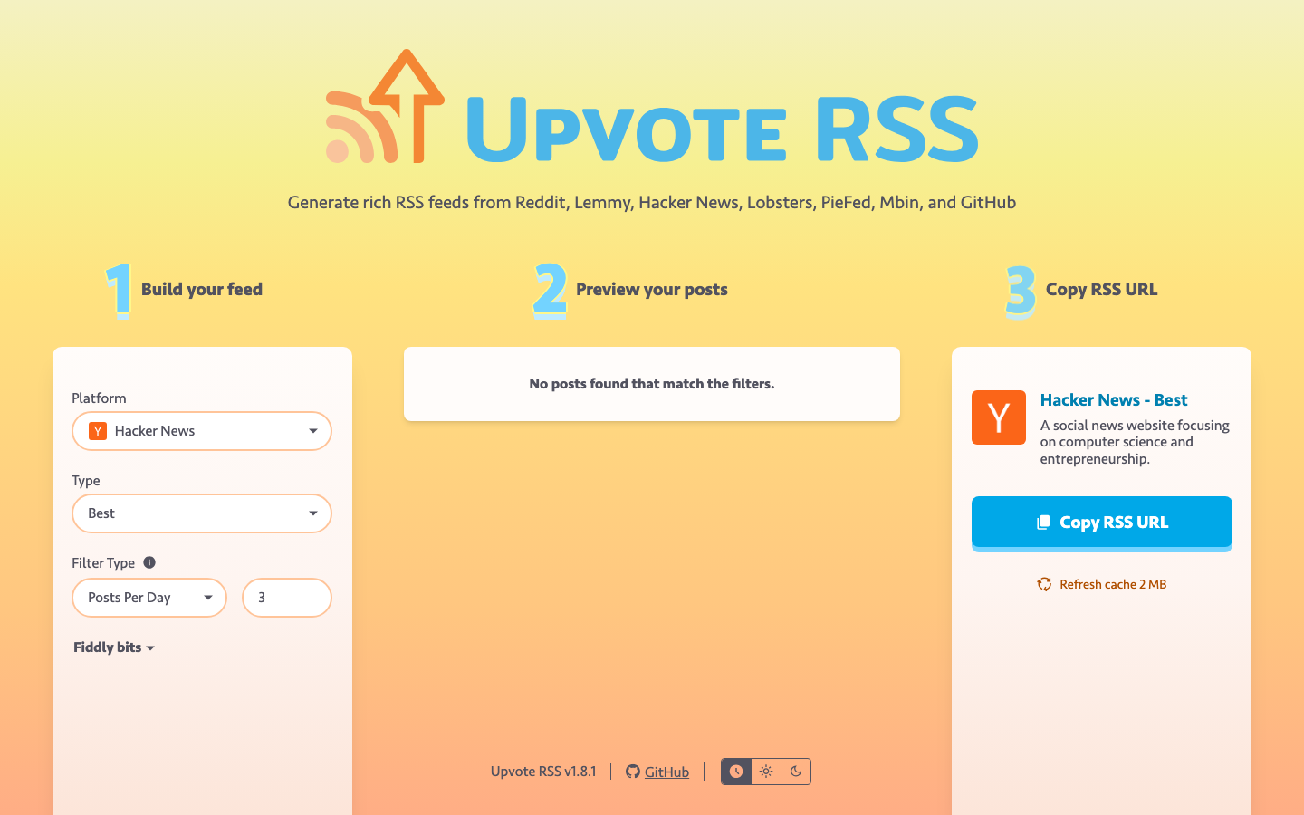 The Upvote RSS feed form with Hacker News selected as the platform