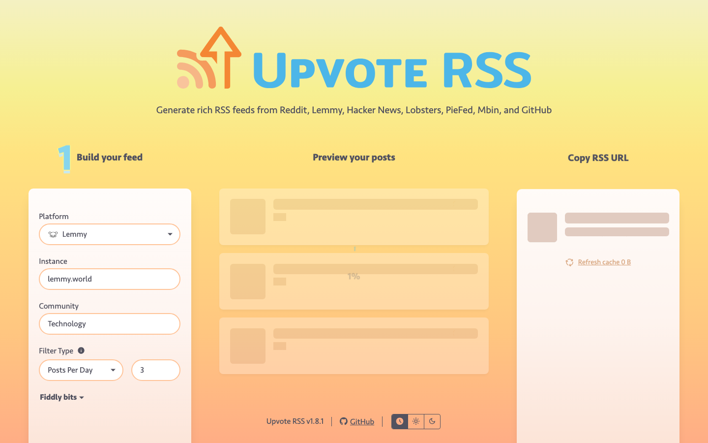 The Upvote RSS home page, where a platform, community and minimum score are chosen to build a feed