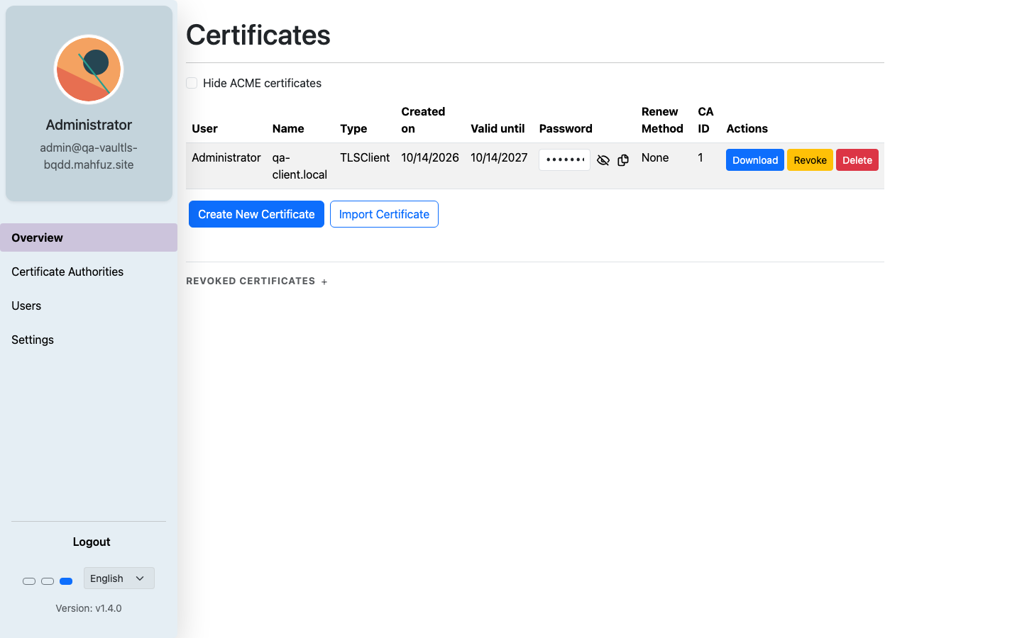 A client certificate created in the VaulTLS web interface.
