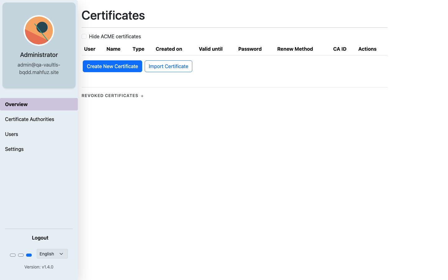 The VaulTLS overview page after signing in, listing issued certificates.