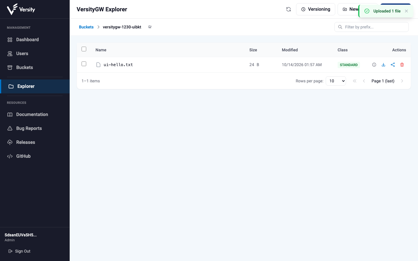 An object uploaded in the VersityGW web console