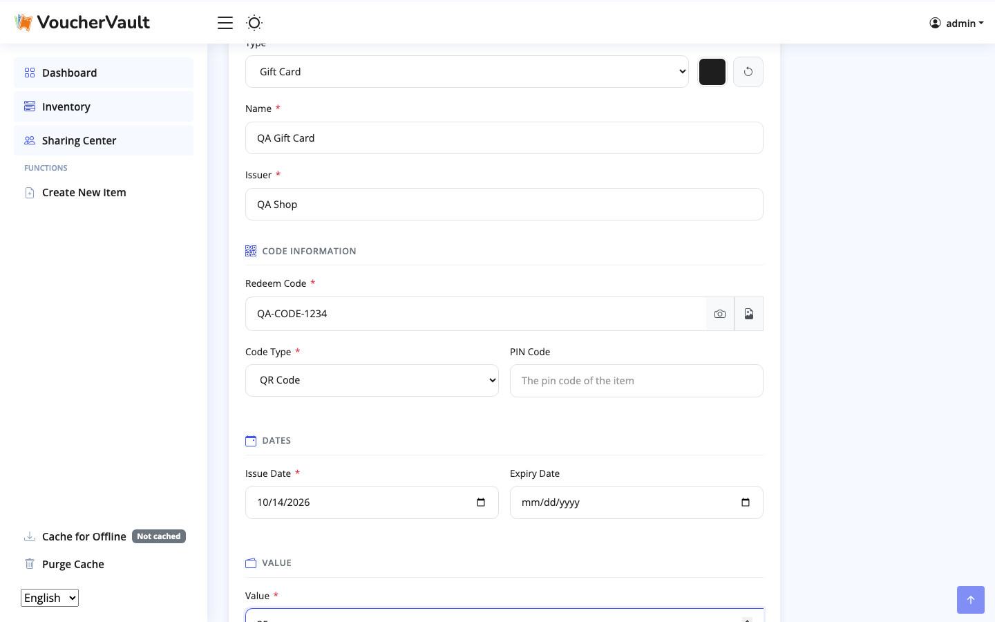 VoucherVault form for adding a new voucher or gift card