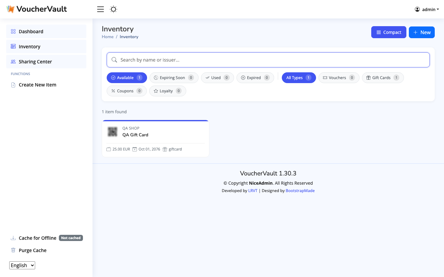 A saved item in VoucherVault