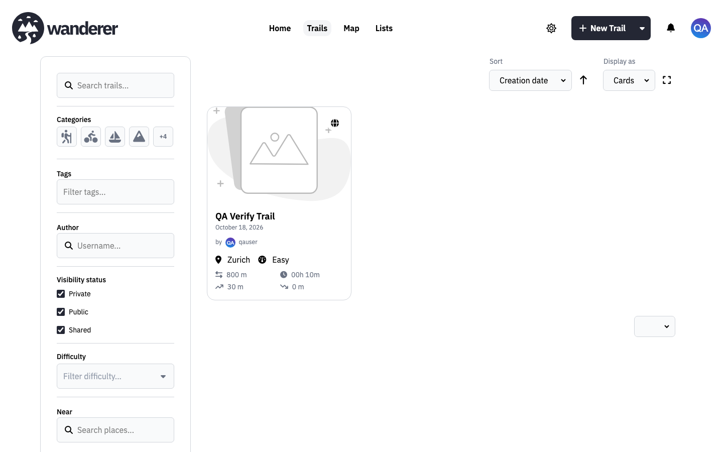 The Wanderer trails page with search, category, tag, difficulty and visibility filters