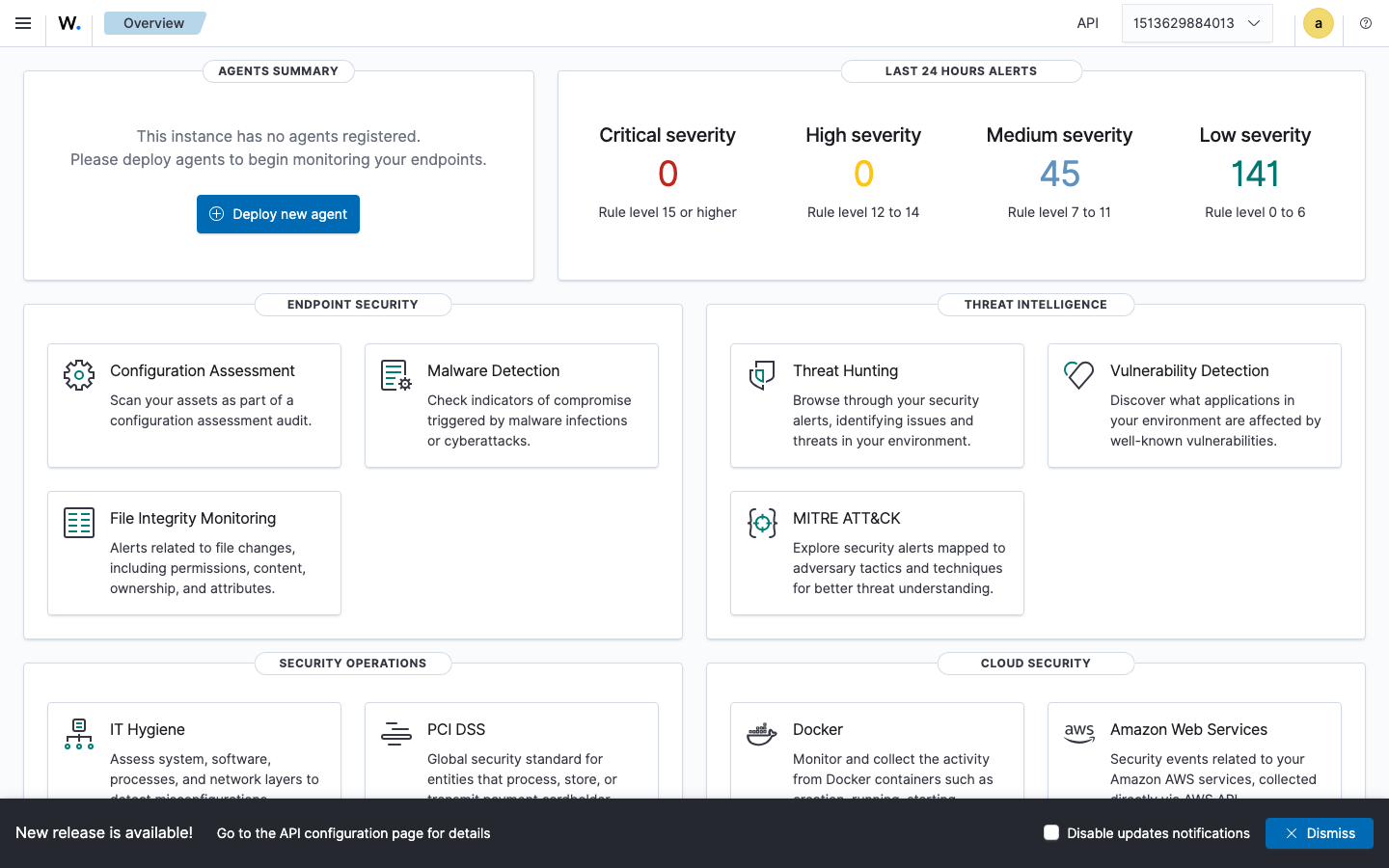 The Wazuh dashboard after signing in to a new install
