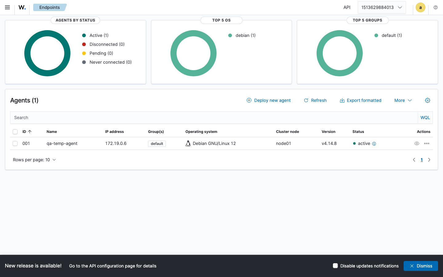 The Wazuh Agents view listing an active connected agent