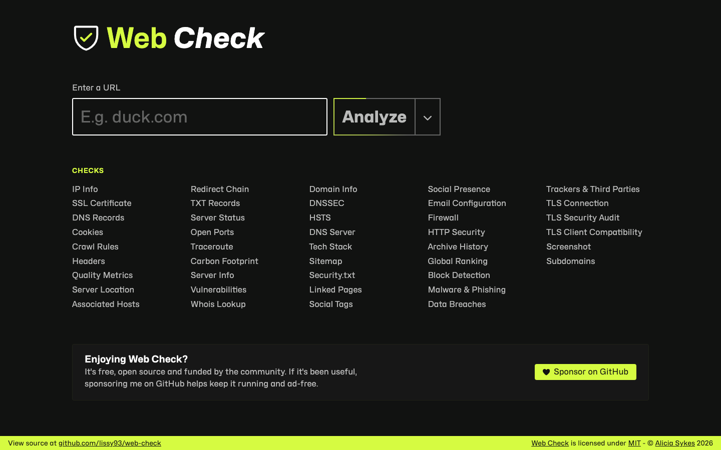 The Web Check home page with the address field for starting a website analysis