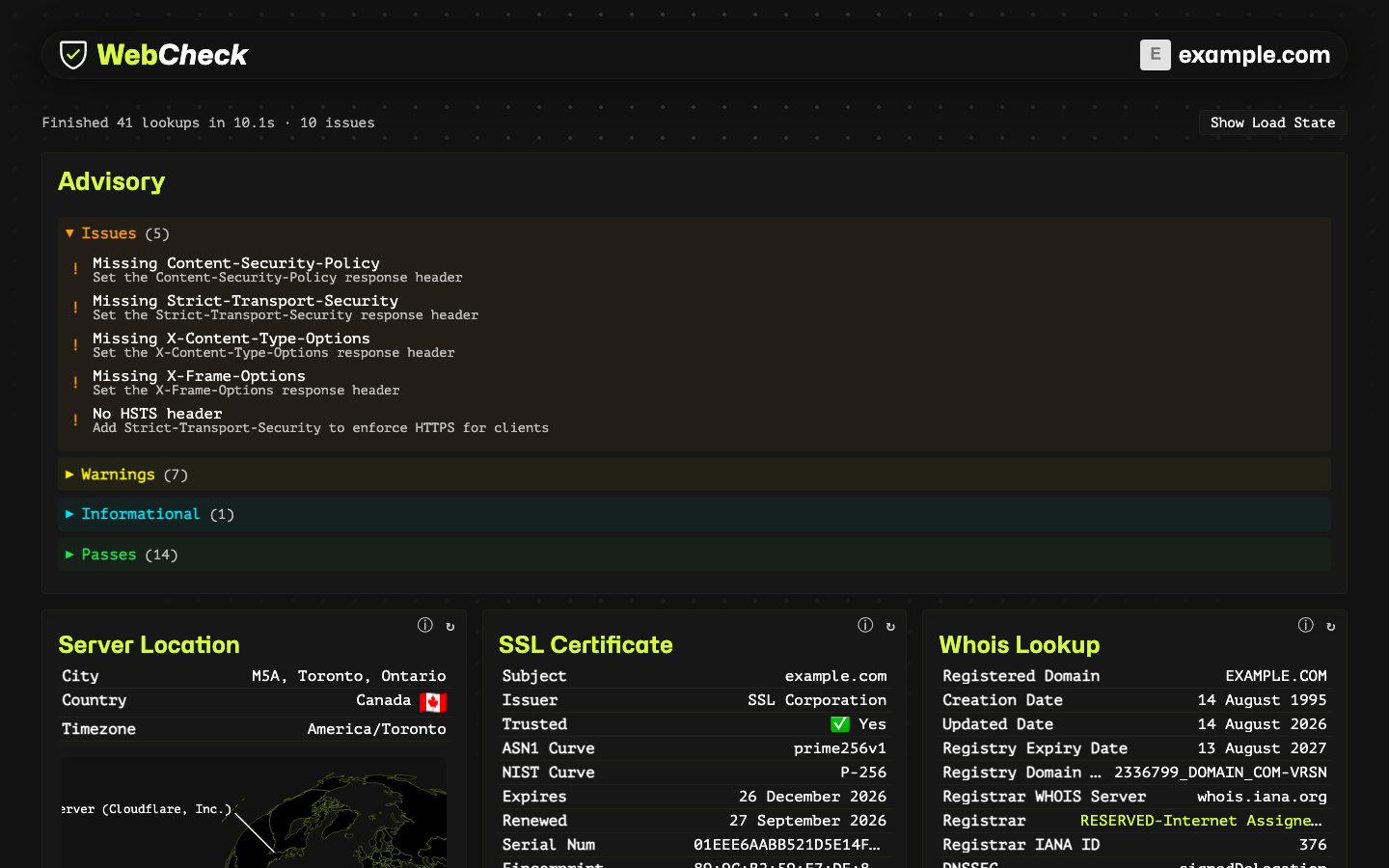 Web Check results for a scanned site showing the advisory list, server location, SSL certificate and Whois lookup