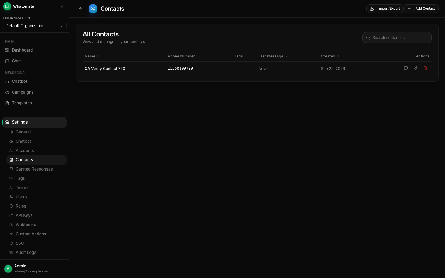 Whatomate contacts list with a saved contact still present after an xCloud restart