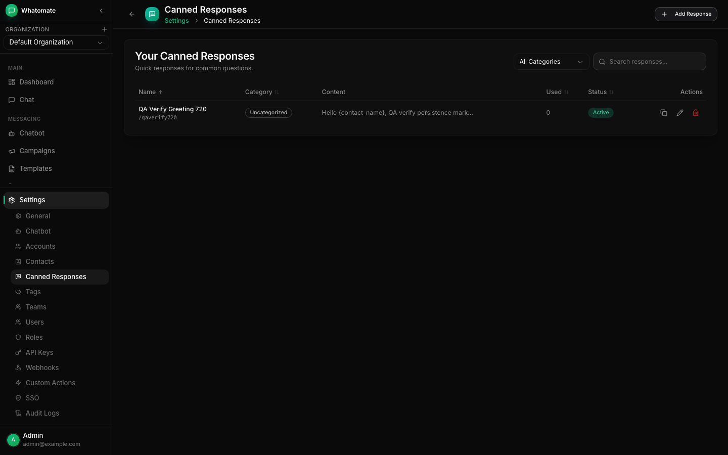 Whatomate canned responses list showing a saved response with its shortcut and active status