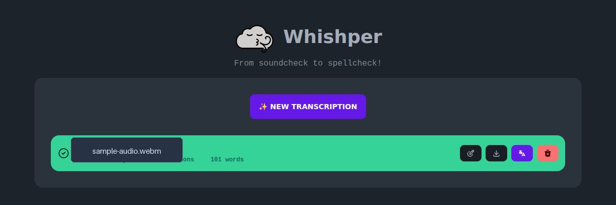 Whishper web interface showing a completed transcription of a sample audio file with edit, download, translate and delete actions