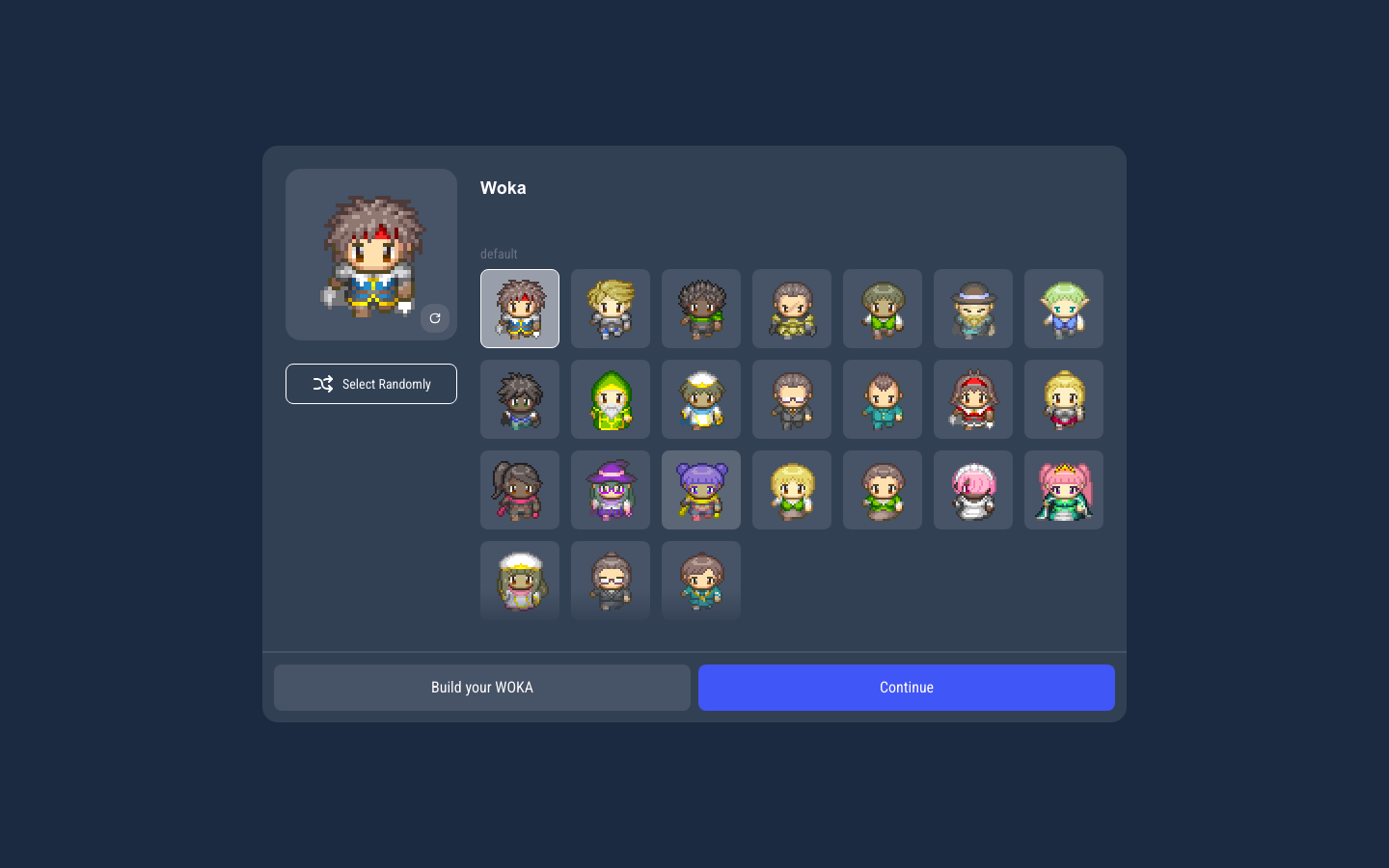The WorkAdventure character selection screen