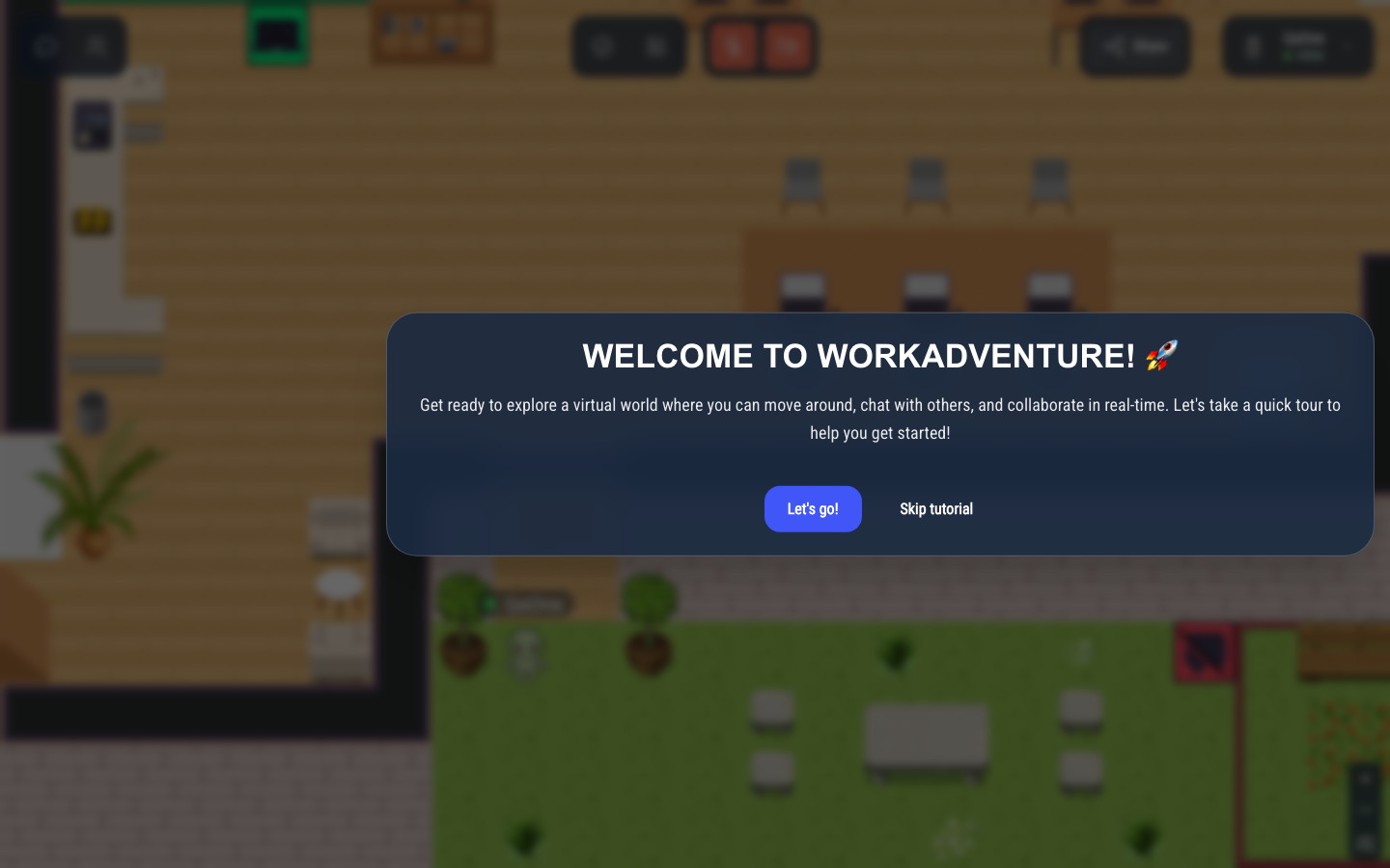 A WorkAdventure world with the player's avatar on a 2D office map