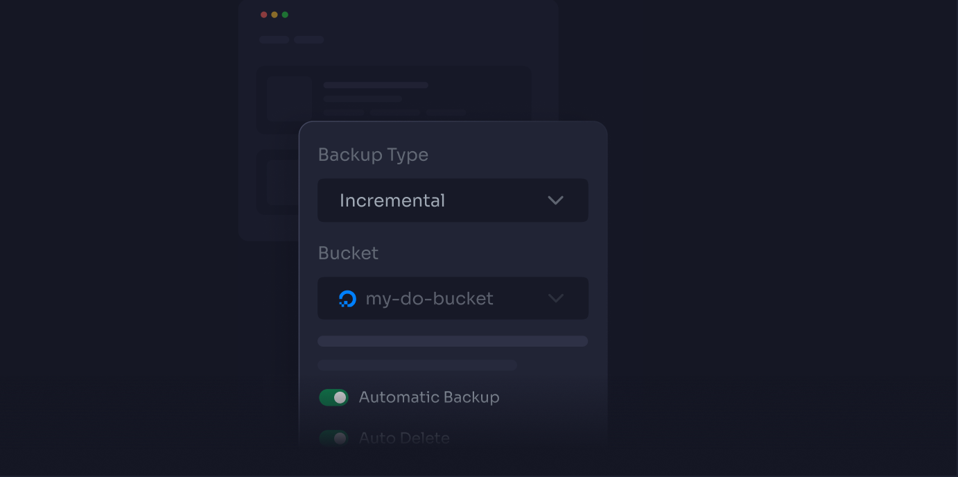 Backup settings showing an incremental type, a storage bucket and auto-delete