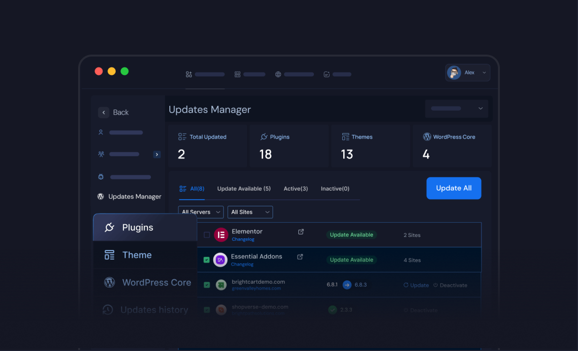 Bulk-updating plugins and themes across sites, on a Docker and NGINX stack