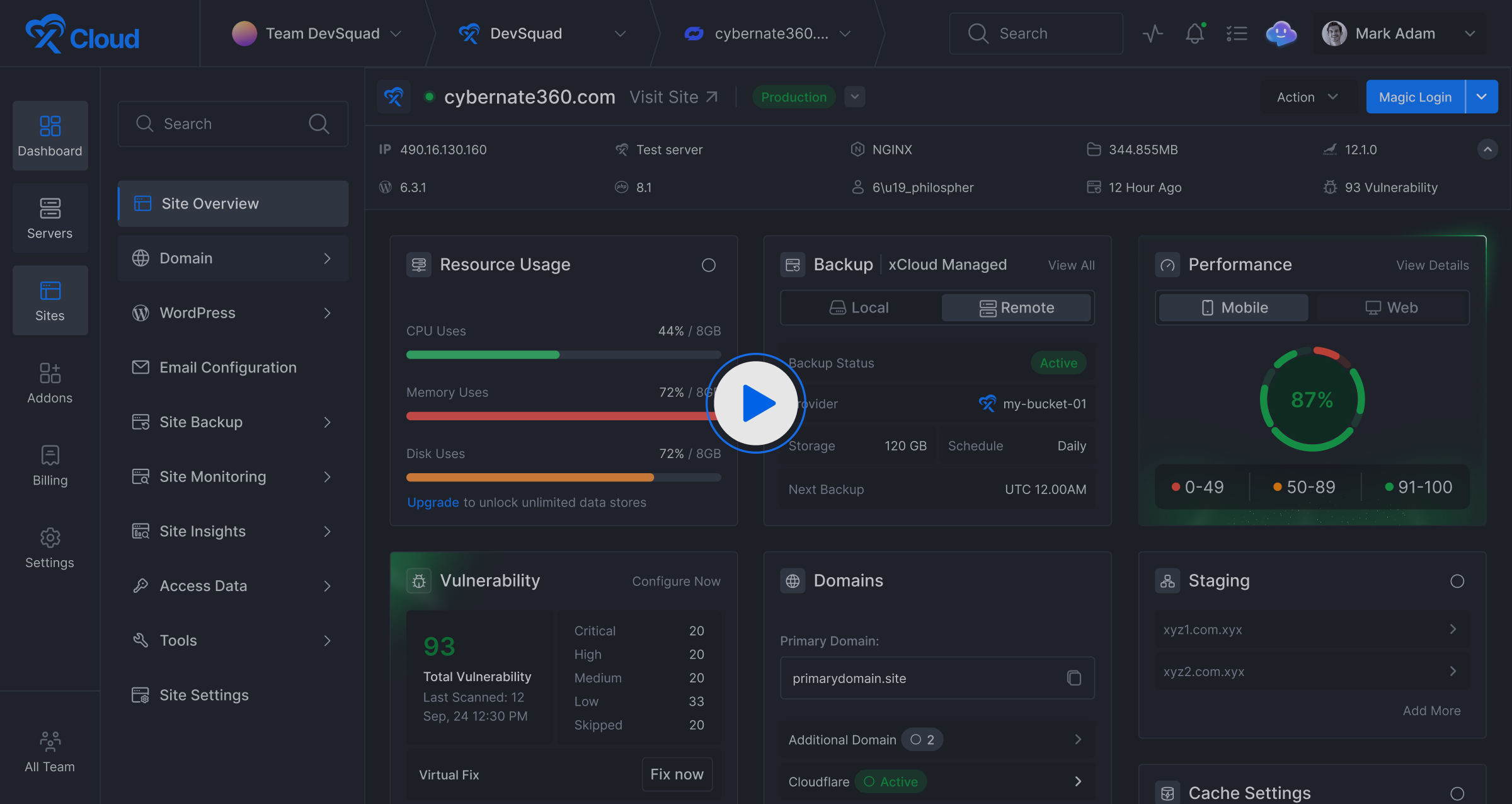 The xCloud dashboard showing a WordPress site's resource usage, backups and performance score