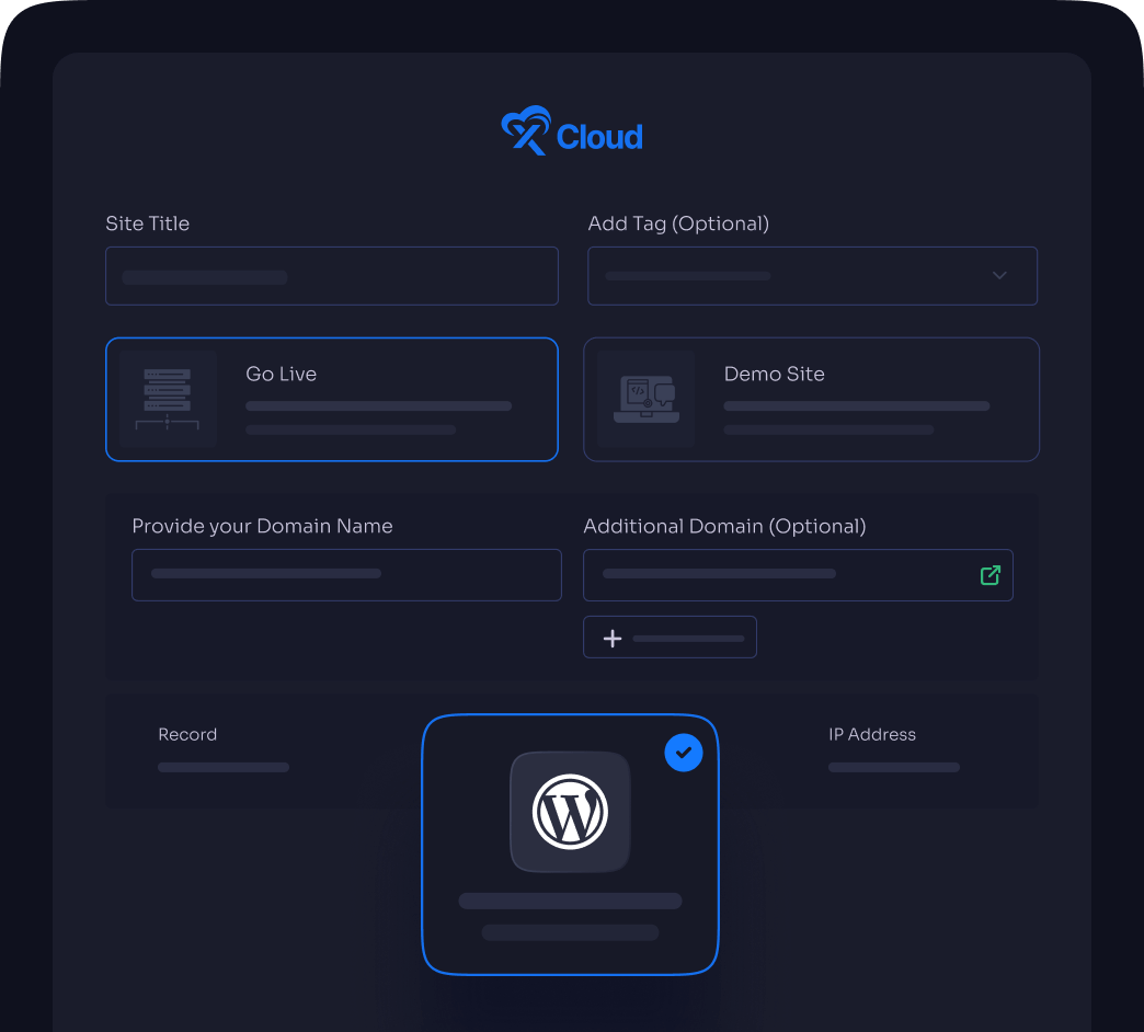The xCloud site-creation screen with WordPress selected