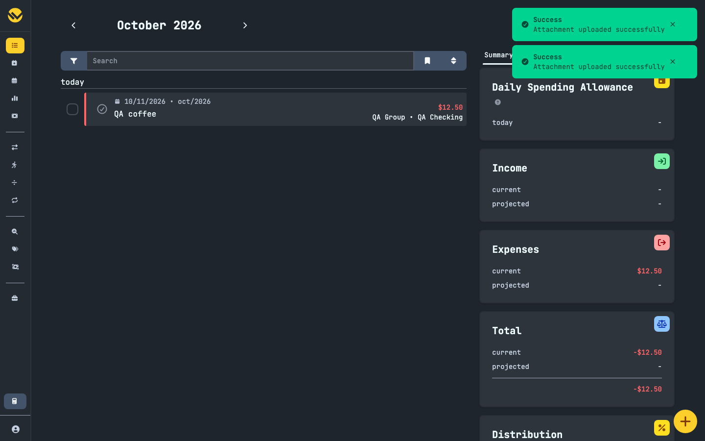 The WYGIWYH monthly view after a restart, with the transaction and its attachment still present