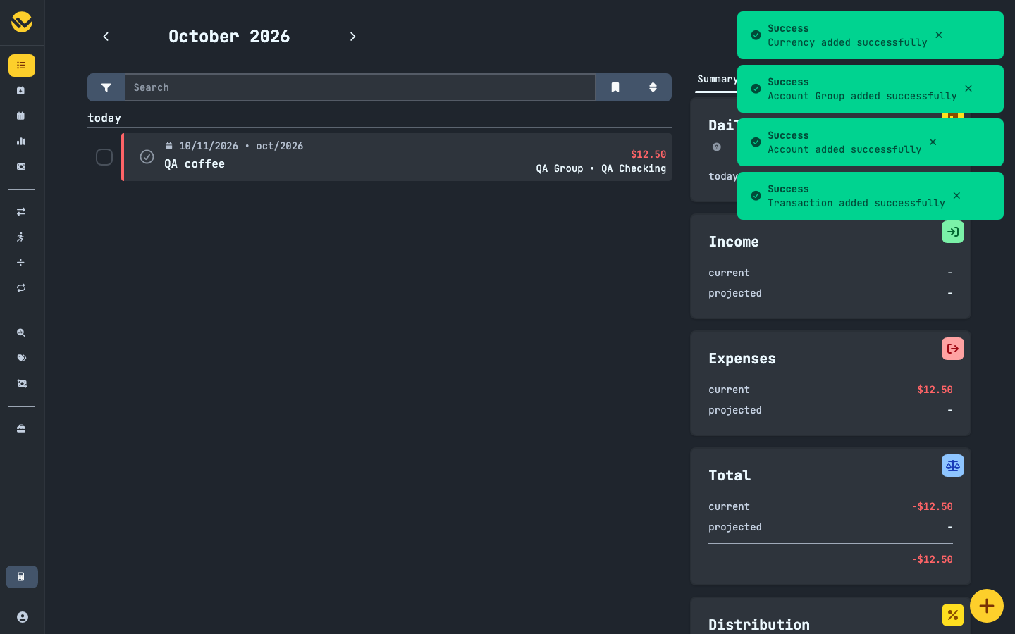 The WYGIWYH monthly view showing a transaction with income, expenses and total summary cards