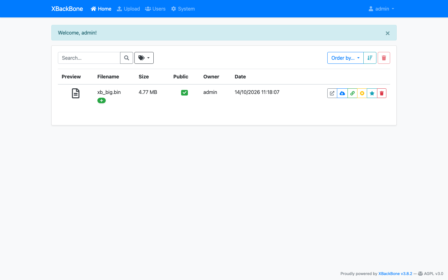XBackBone home page listing an uploaded file with search, tag filter, ordering and per-file actions