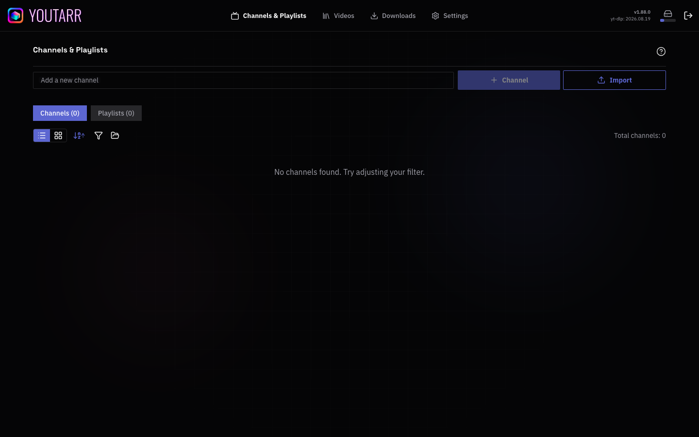 Youtarr web interface after signing in as admin