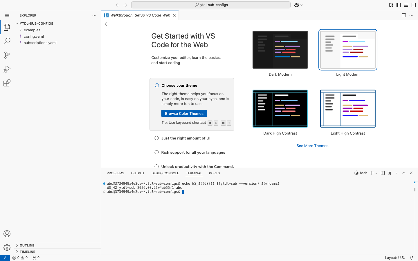 The built-in terminal in the ytdl-sub editor