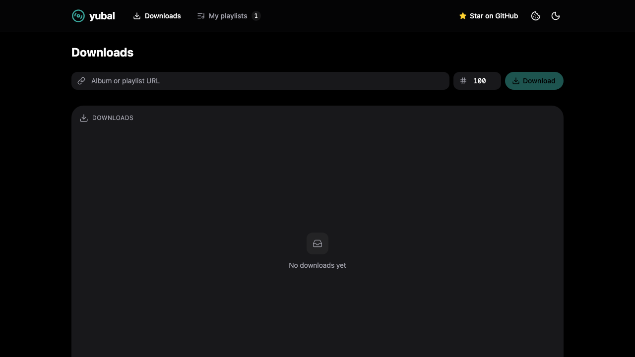 Yubal's Downloads page with the album or playlist URL field and Download button, shown before any downloads