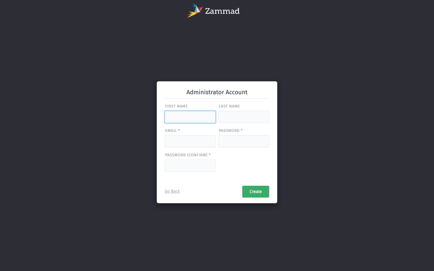 The Zammad Getting Started wizard asking for the first administrator account