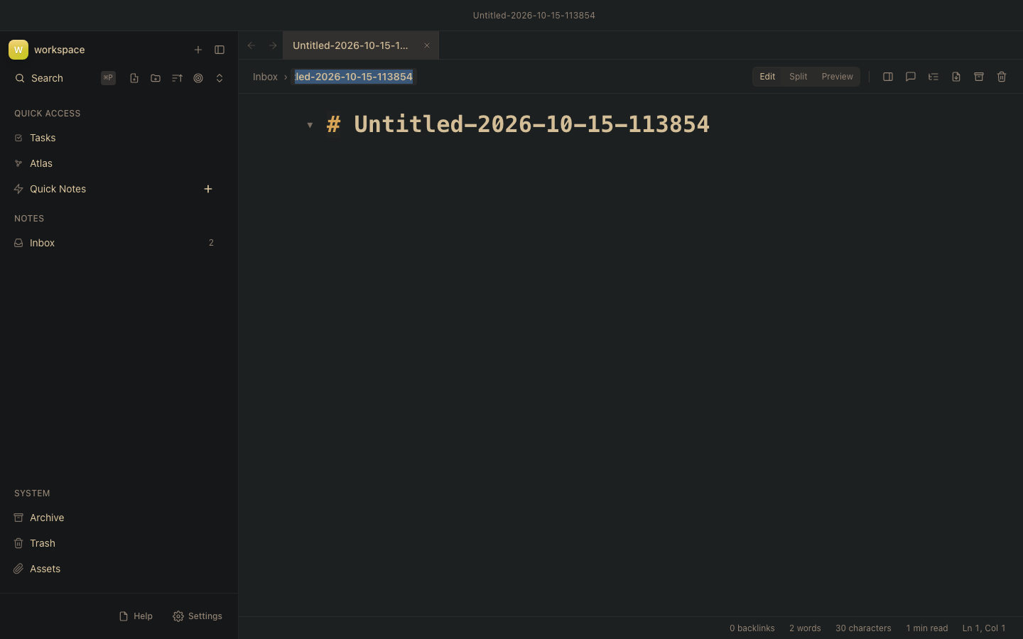Zen Notes Markdown editor with Edit, Split and Preview mode buttons and a note open in a tab