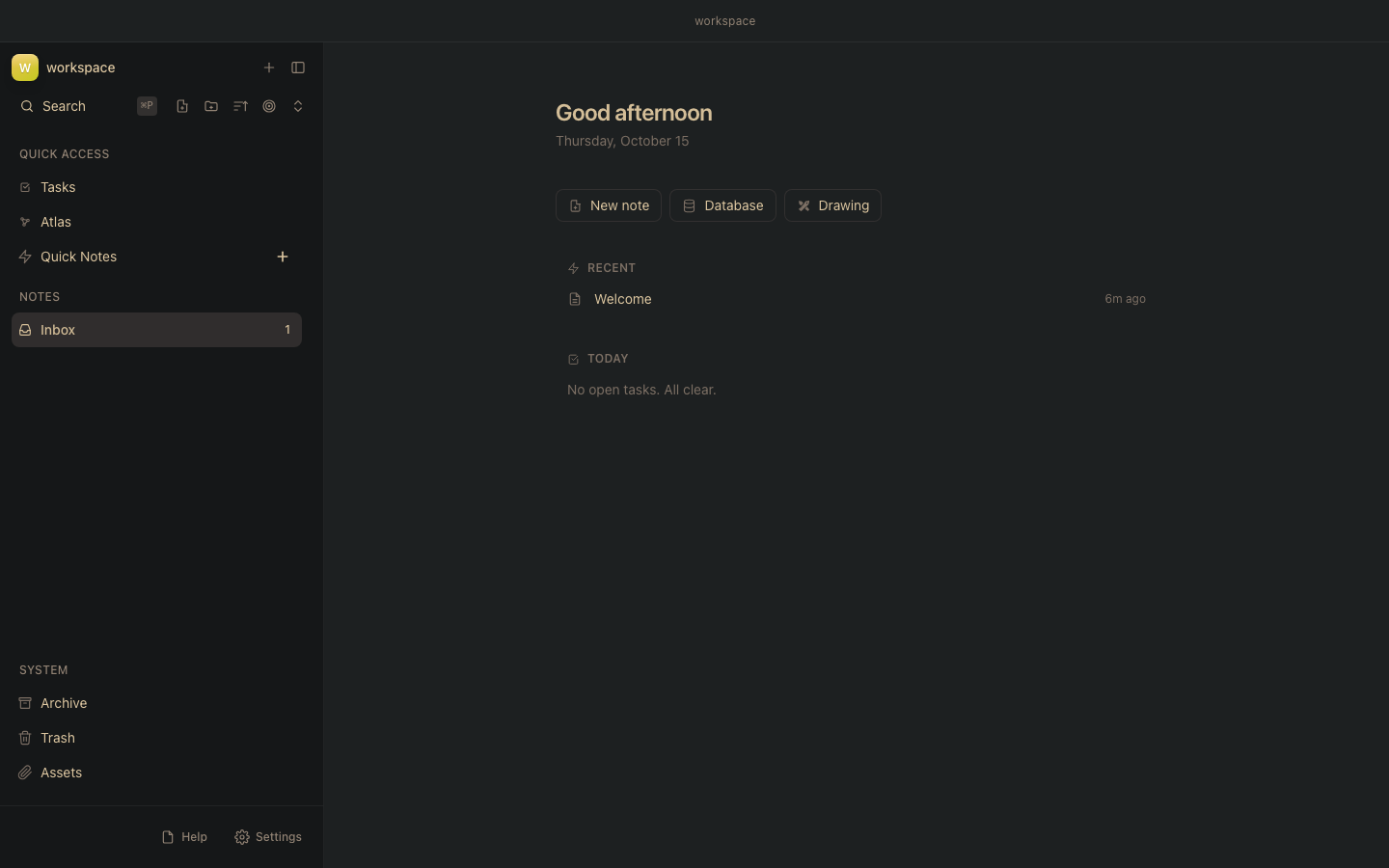 Zen Notes vault home with the sidebar, quick access to Tasks and Quick Notes, a recent notes list and New note, Database and Drawing buttons