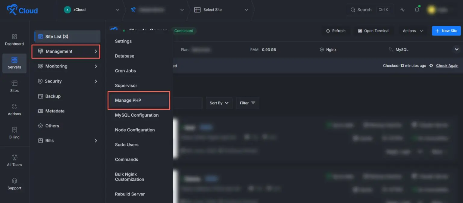 Open the Manage PHP Extensions Panel