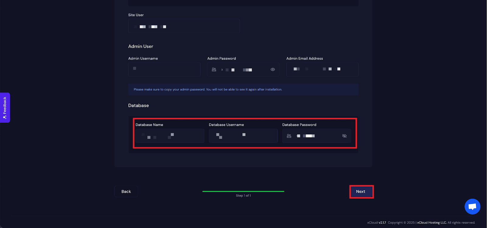 Get the โDatabase Nameโ, โDatabase Usernameโ and โDatabase Passwordโ for this application and click on the โNextโ button.